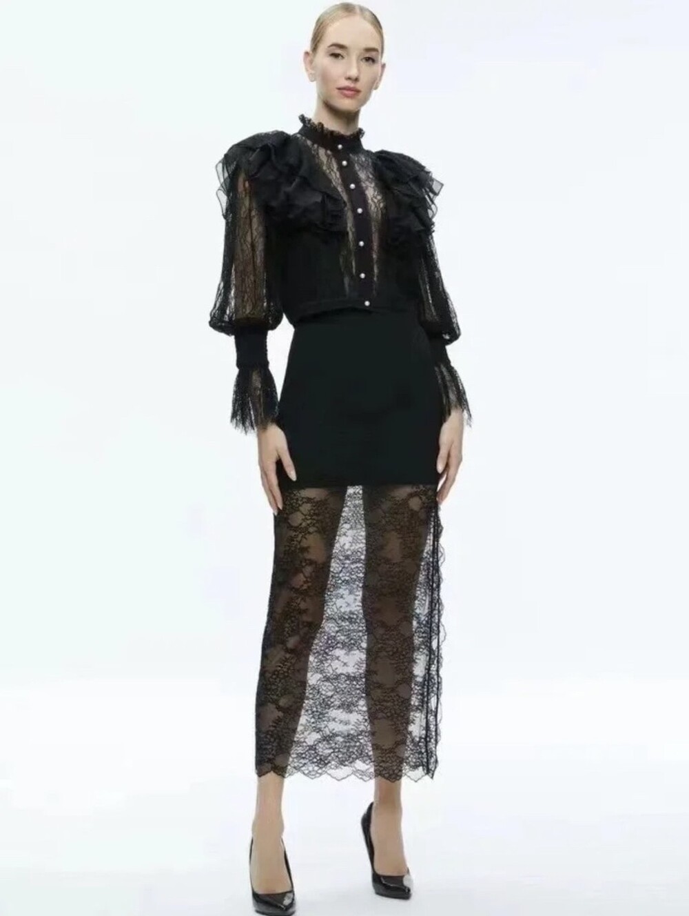 Alice + Olivia DELPHA RUFFLE LACE BLOUSON SLEEVE CROPPED TOP5 - Picture 3 of 9